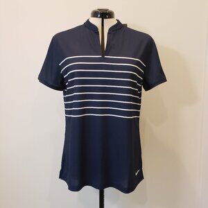 NIKE Ladies Dri Fit Navy with White Striped Short Sleeve Top Size Large